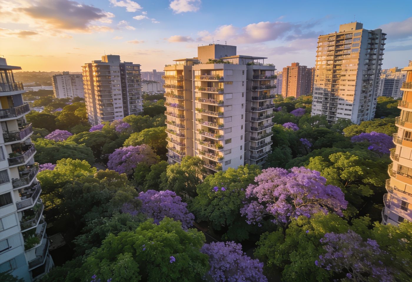 Modern apartment towers rising above the jacaranda tree canopy in Kilimani and Kileleshwa, Nairobi