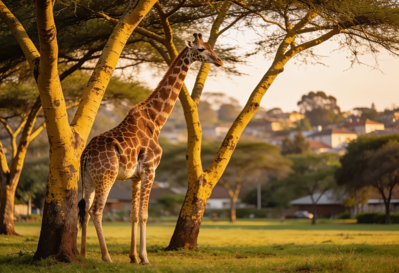 Giraffe among yellow-barked acacia trees on the green edge of Lang'ata, Nairobi