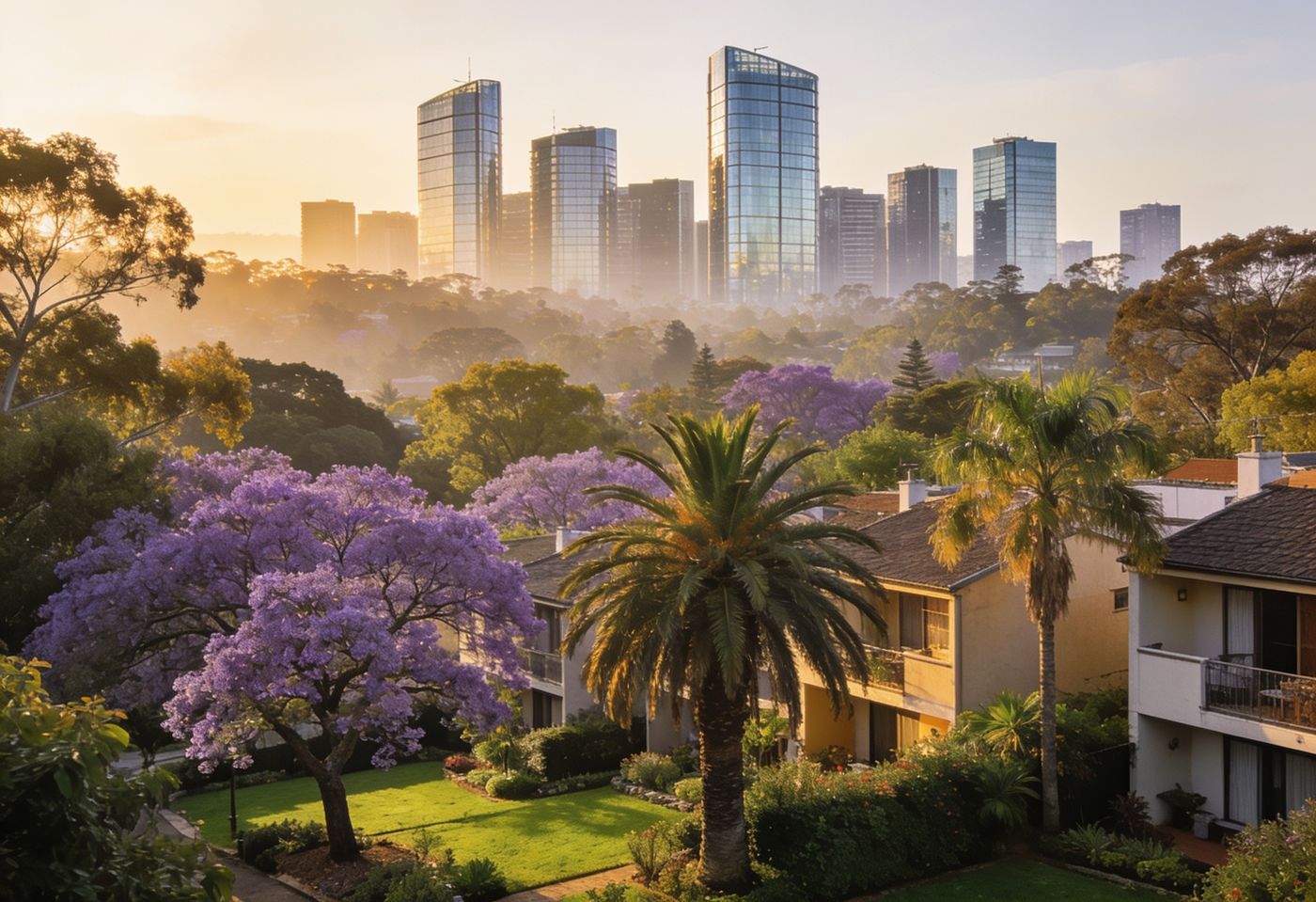 Leafy Lavington gardens and jacarandas with the Westlands skyline in the distance, Nairobi