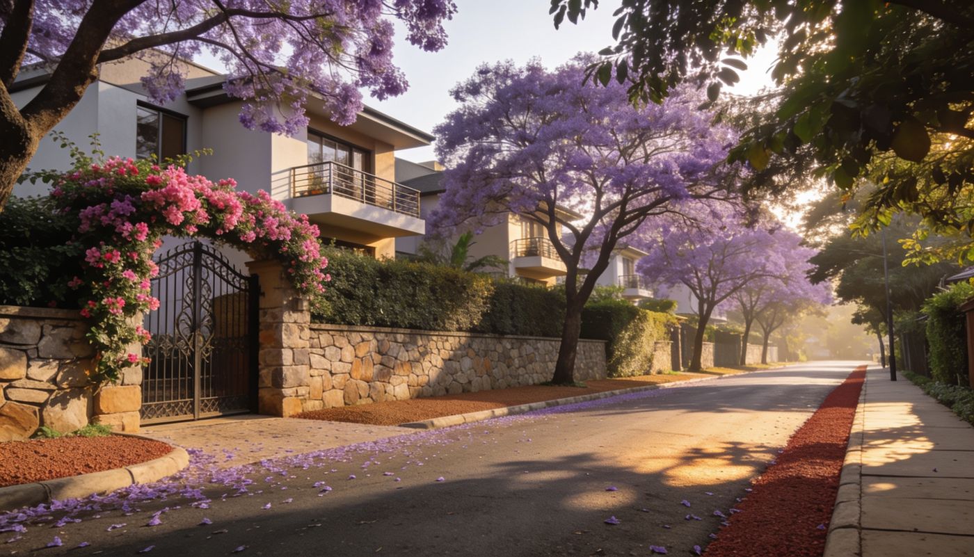 Jacaranda-lined residential street in Lavington, Nairobi, with stone walls and a bougainvillea-covered gate