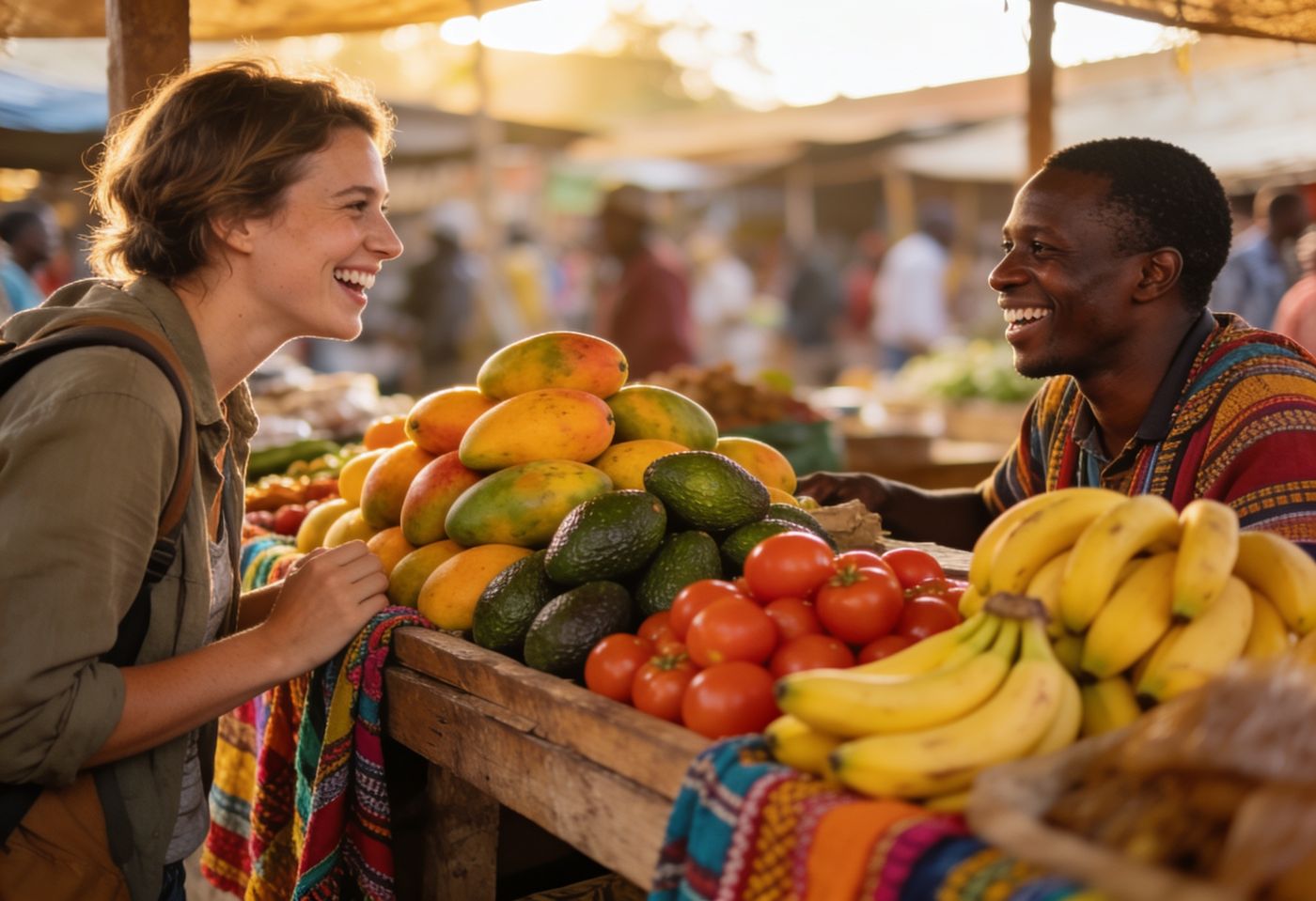 Newcomer greeting a Kenyan fruit vendor with a smile at a colourful Nairobi market stall