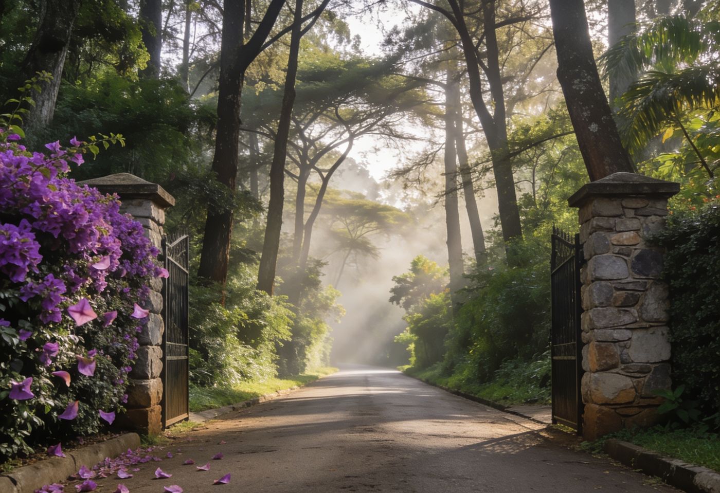 Quiet leafy lane with bougainvillea and stone gate pillars in Loresho, Nairobi
