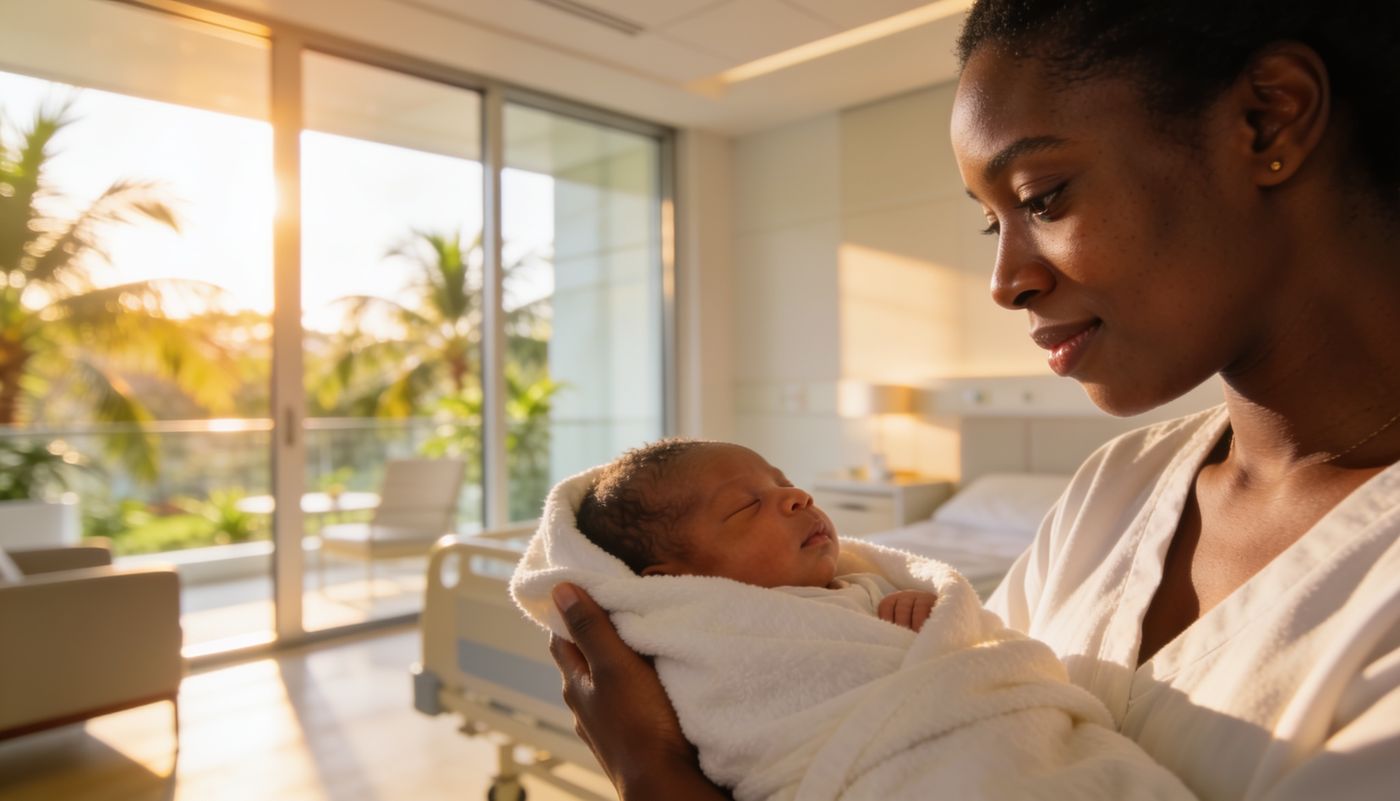 Mother holding her newborn in a bright private maternity hospital room in Nairobi