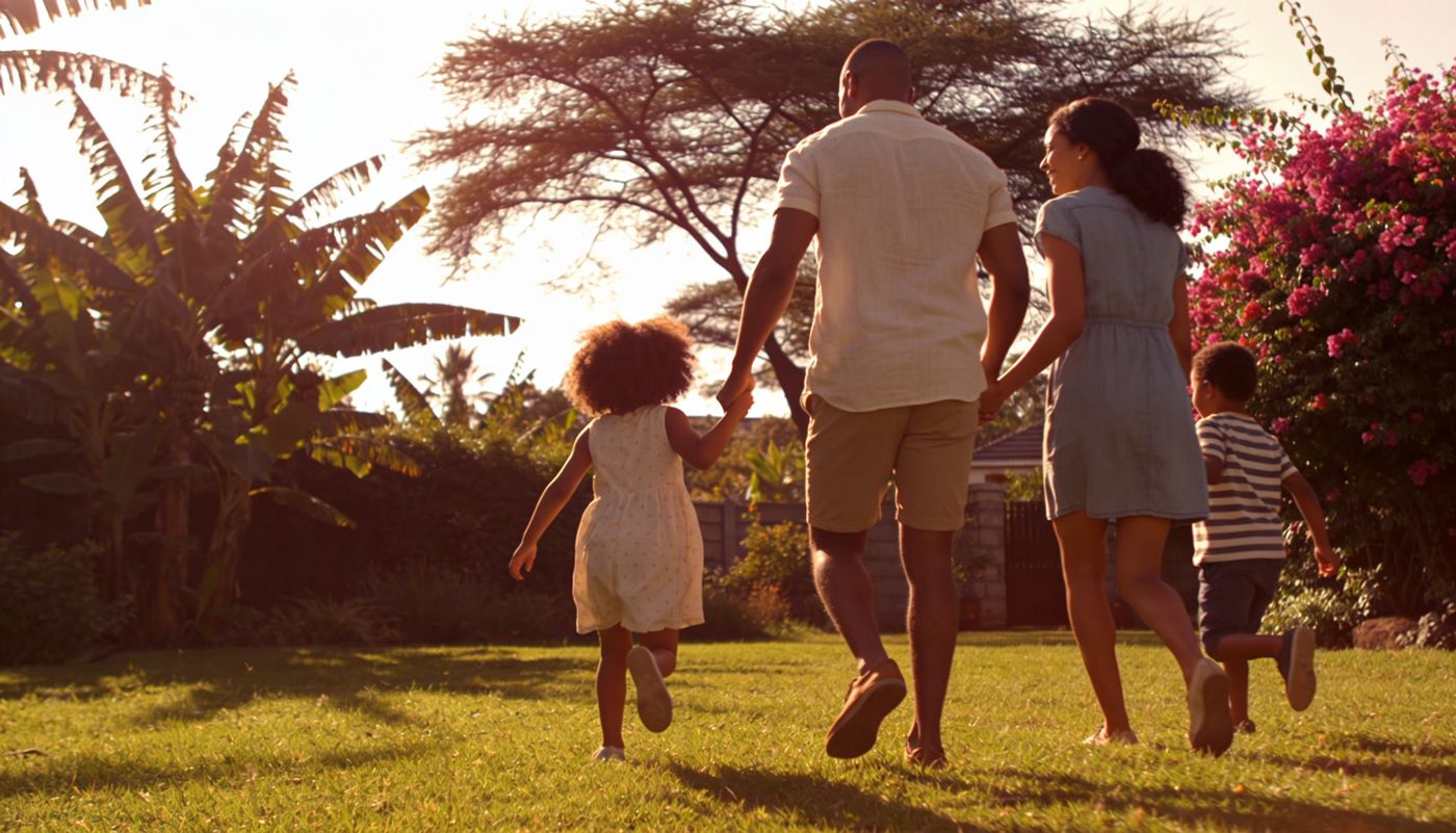 Family with two children walking across a sunny garden lawn with bougainvillea in a Nairobi suburb