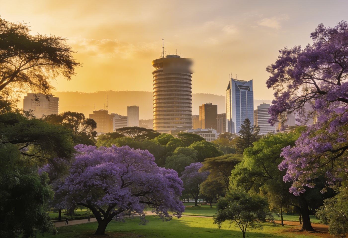 Nairobi city skyline at golden hour with the green edge of Uhuru Park in the foreground