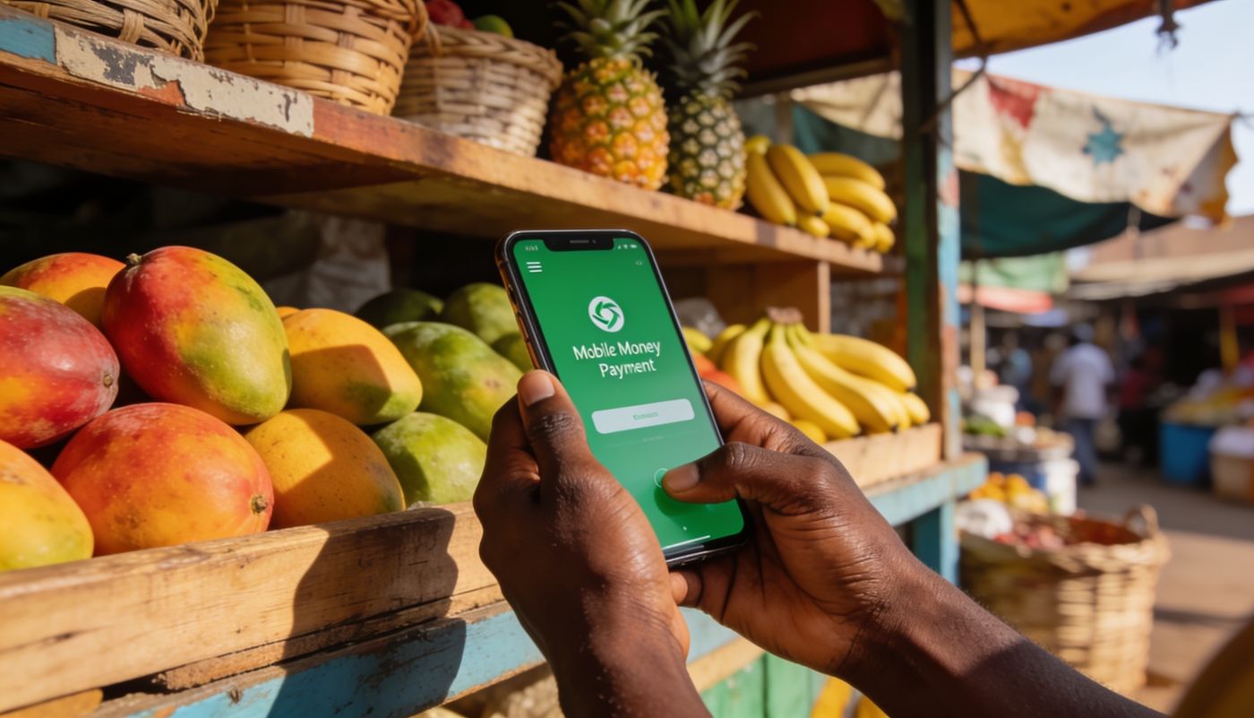 Paying with mobile money on a smartphone at a Nairobi fruit market stall