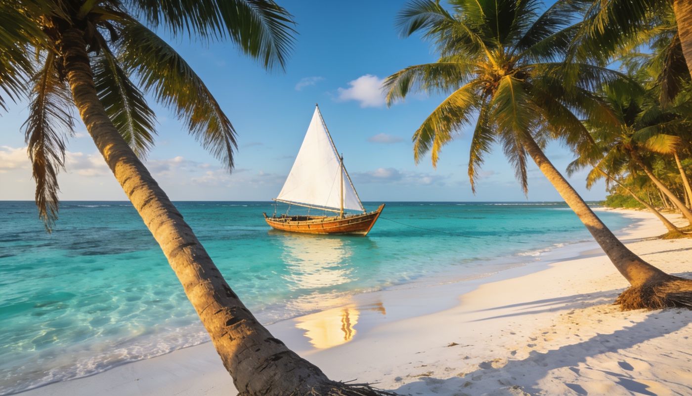 Traditional dhow sailing off the white sand and turquoise water of Diani Beach, Kenya