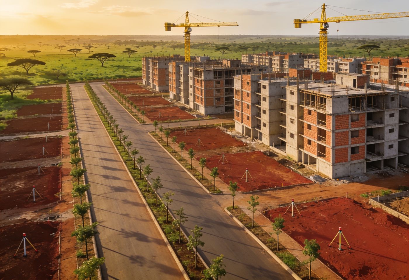 Aerial view of a master-planned satellite city under construction outside Nairobi, with tree-lined boulevards, cranes and savanna beyond
