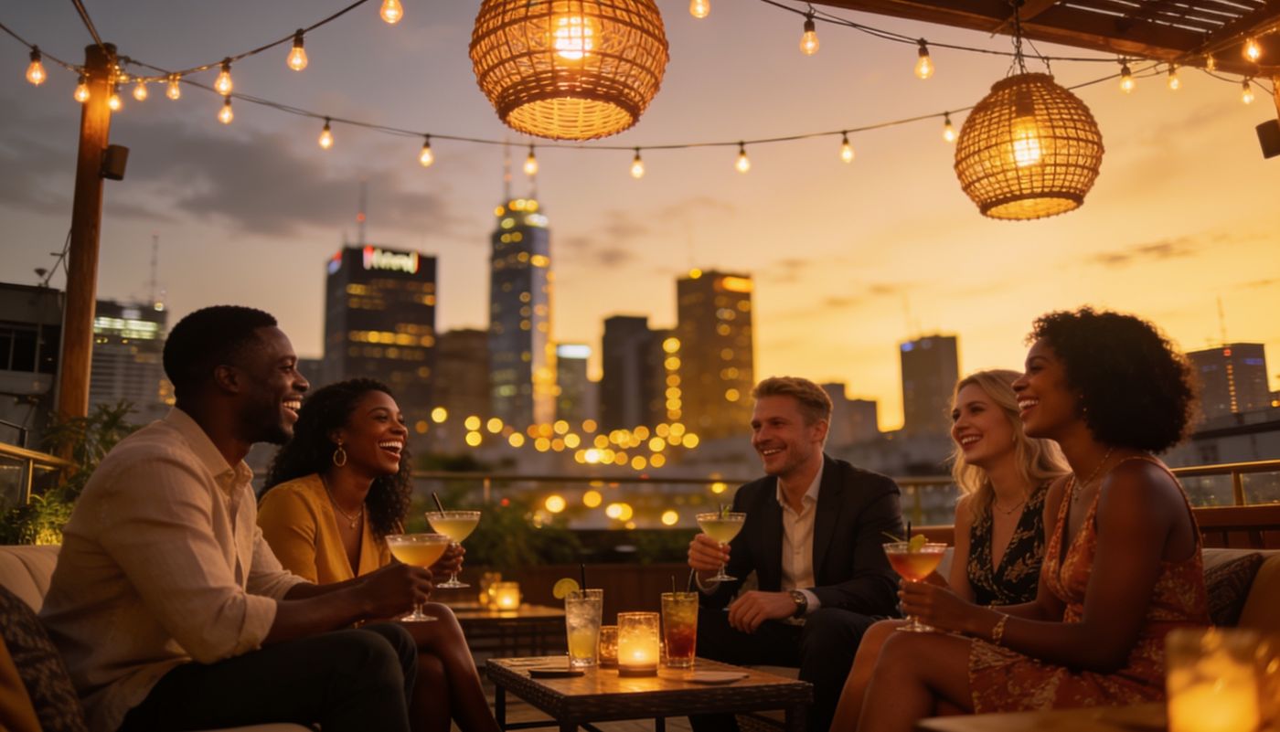 Friends sharing cocktails at a Nairobi rooftop bar at dusk with the city skyline behind