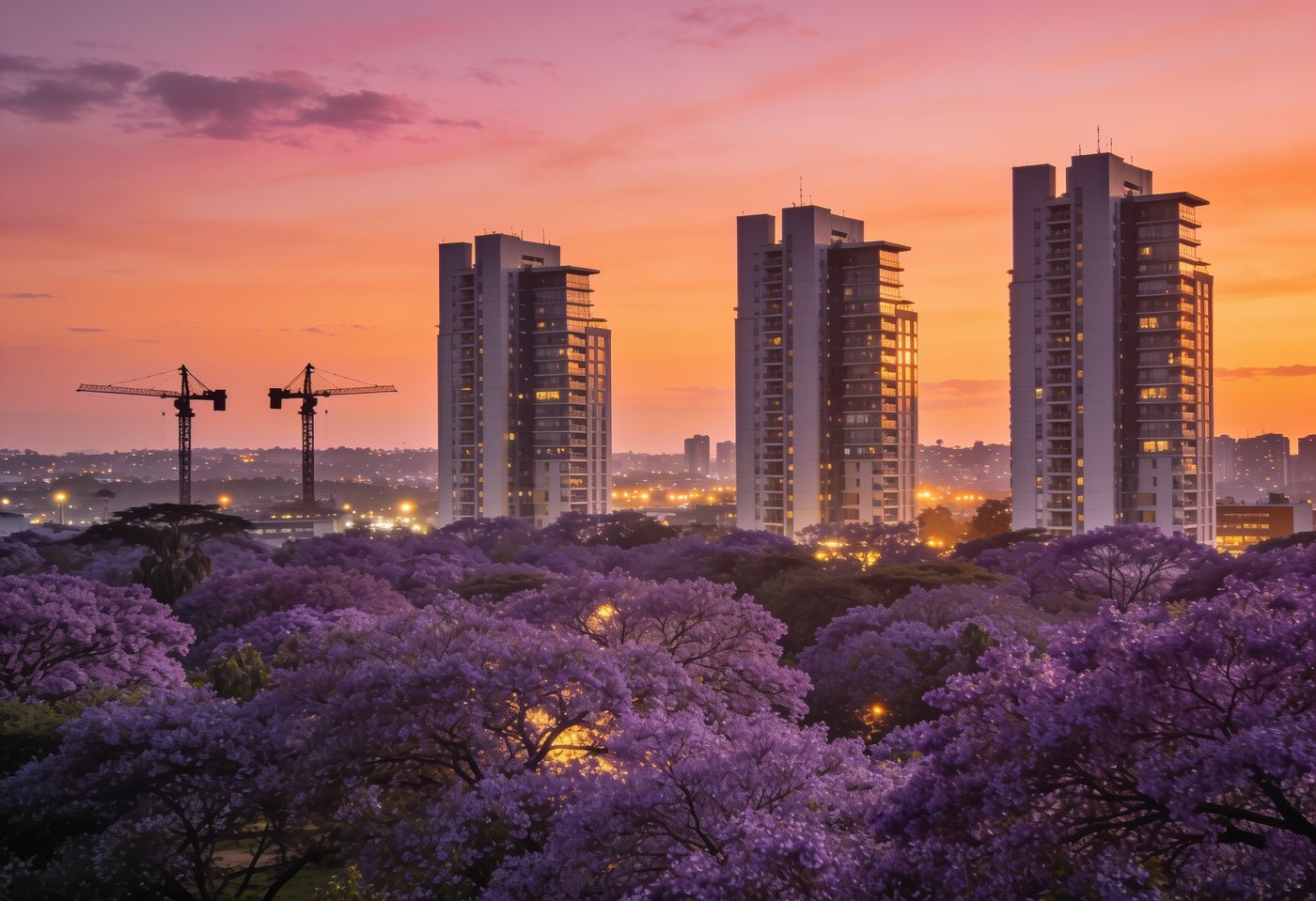 New apartment towers rising above jacaranda canopy in Nairobi at dusk