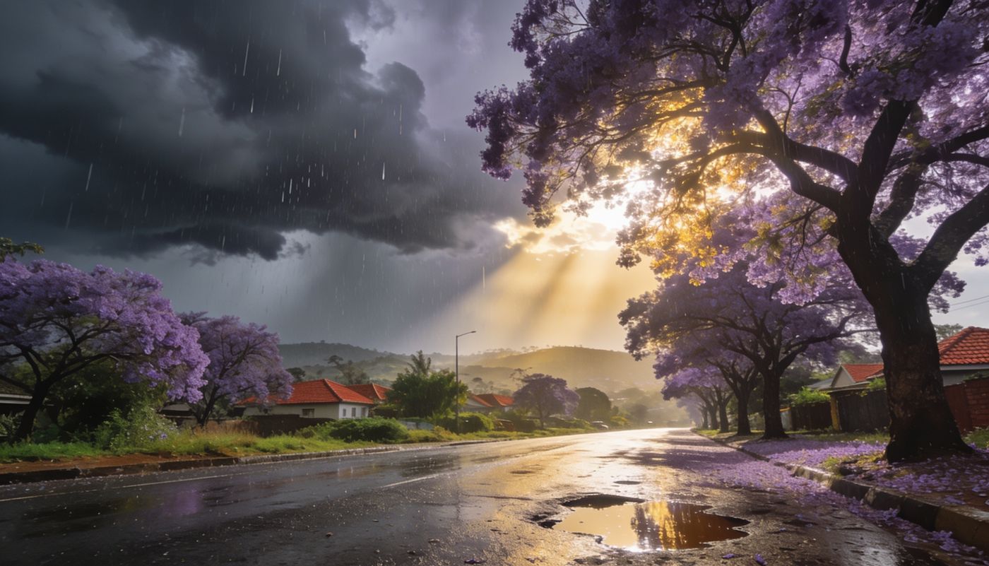 Jacaranda-lined Nairobi street as an afternoon rain shower meets bright sunshine