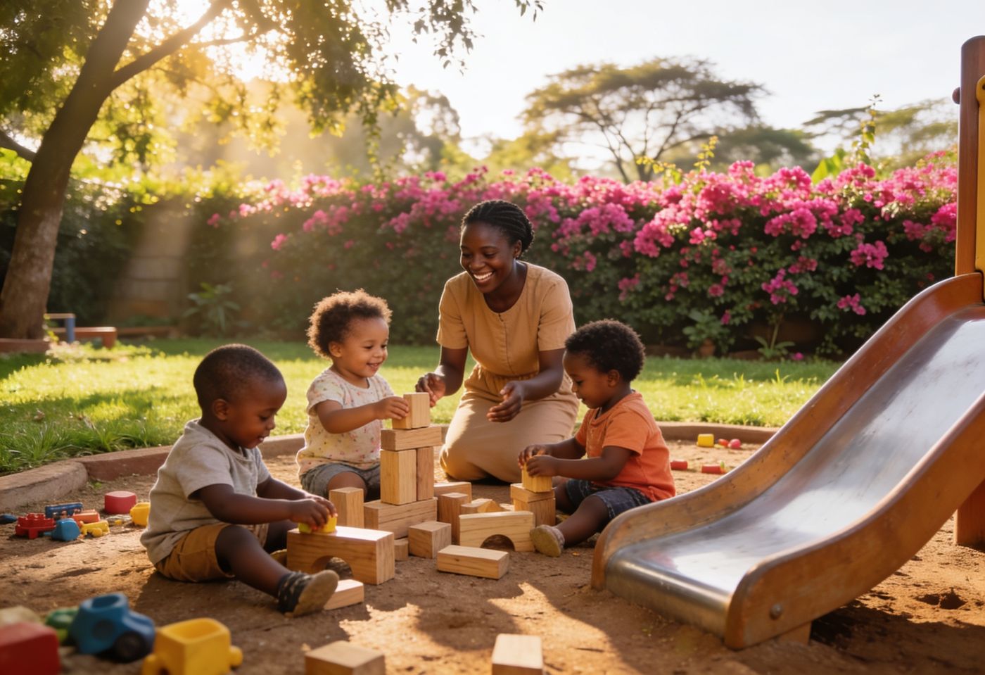 Toddlers playing with wooden blocks in the sunny bougainvillea garden of a Nairobi nursery school