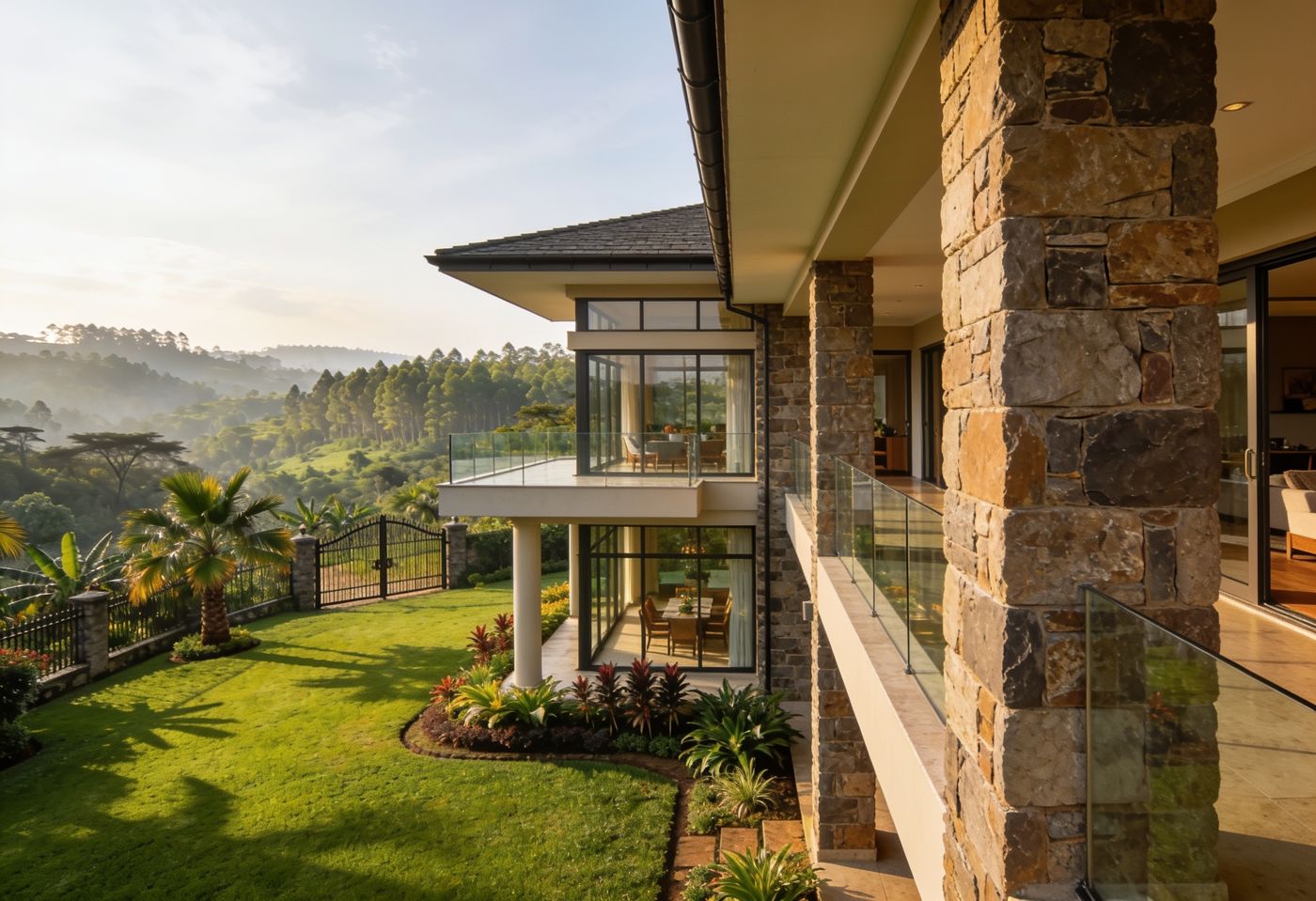 Modern stone villa with manicured lawn overlooking a forested valley in Nyari Estate, Nairobi