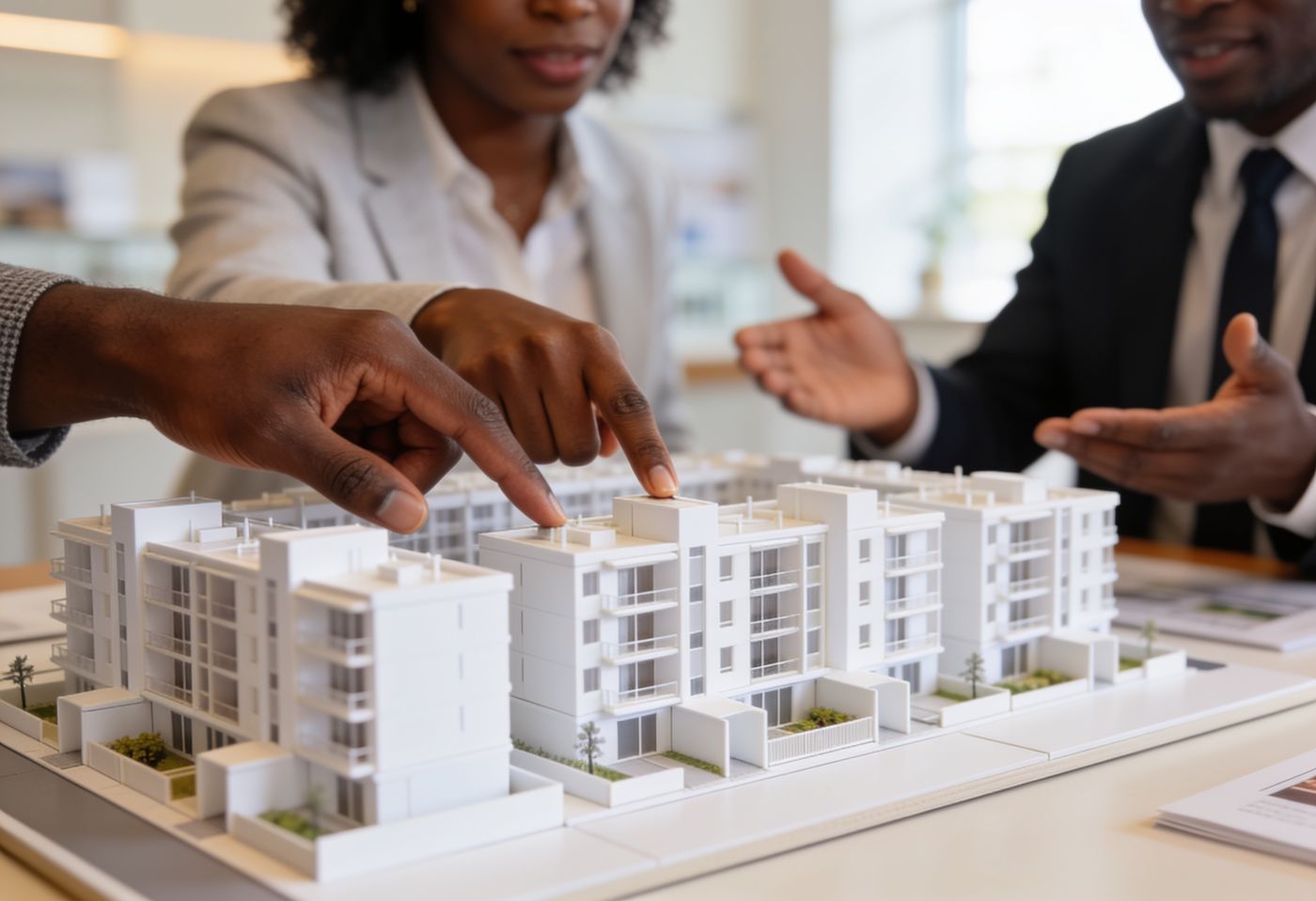 Buyers pointing at an architectural scale model of a new Nairobi apartment development in a sales showroom