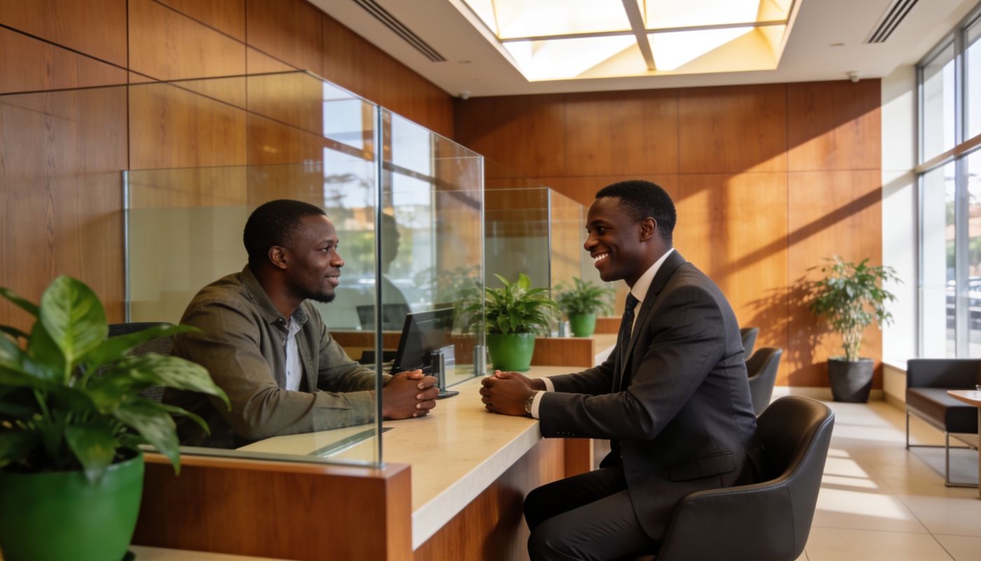 Customer opening an account with a bank officer at a modern Nairobi bank branch