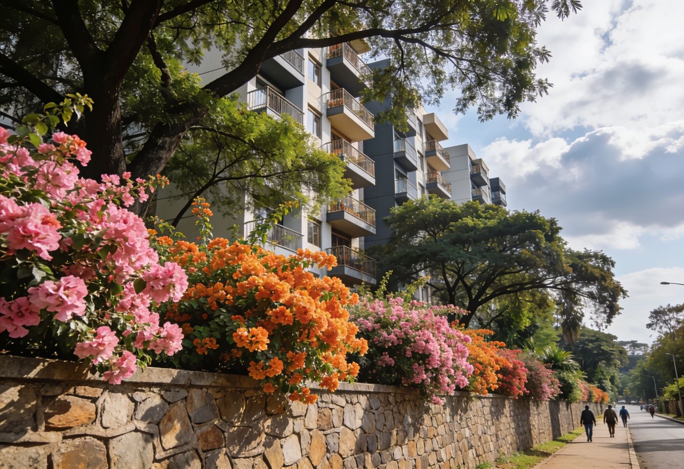 Mid-rise apartment buildings above a bougainvillea-lined stone wall on a leafy Parklands street, Nairobi