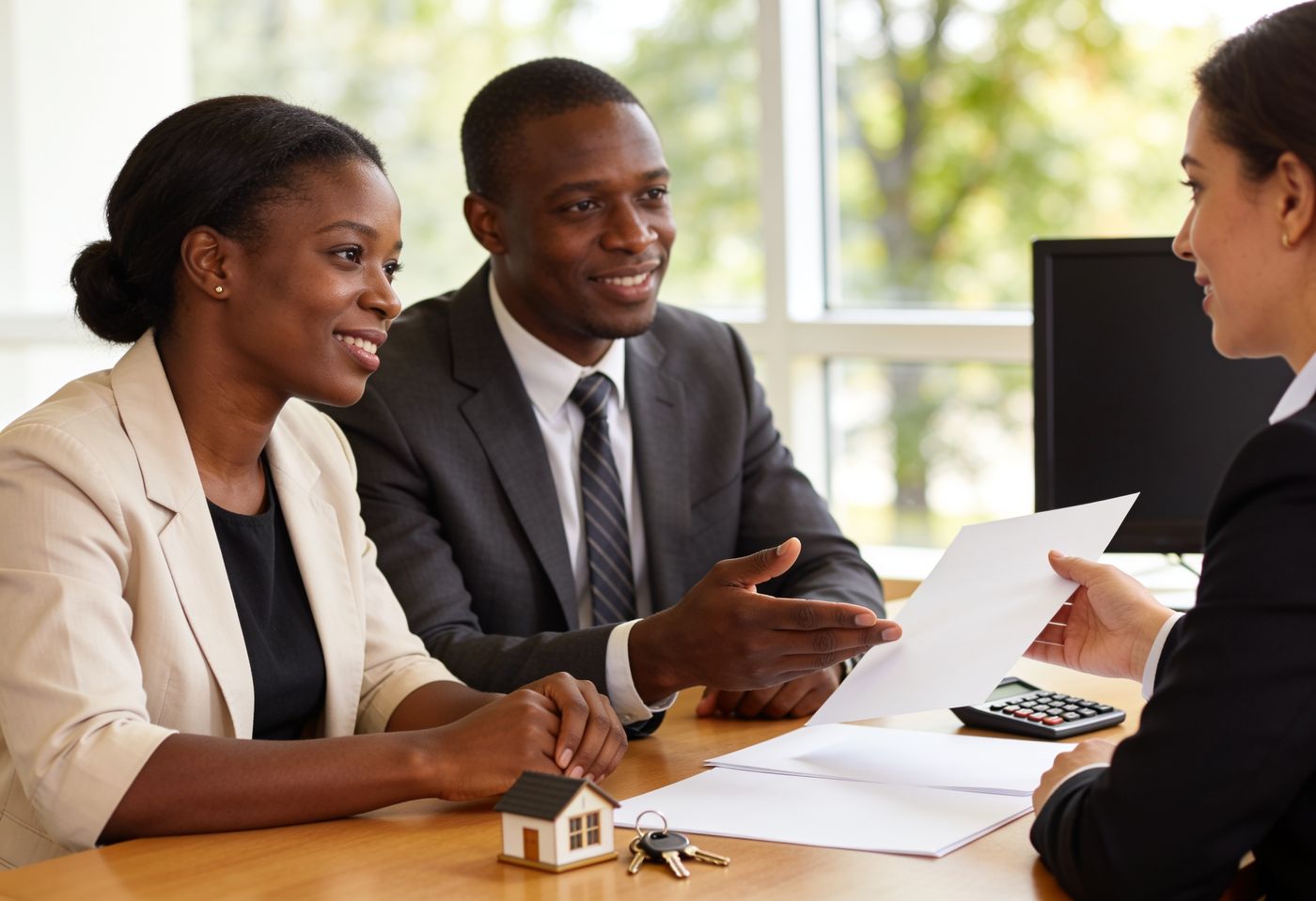 Kenyan couple discussing mortgage options with a bank advisor in Nairobi, house keys and a calculator on the desk