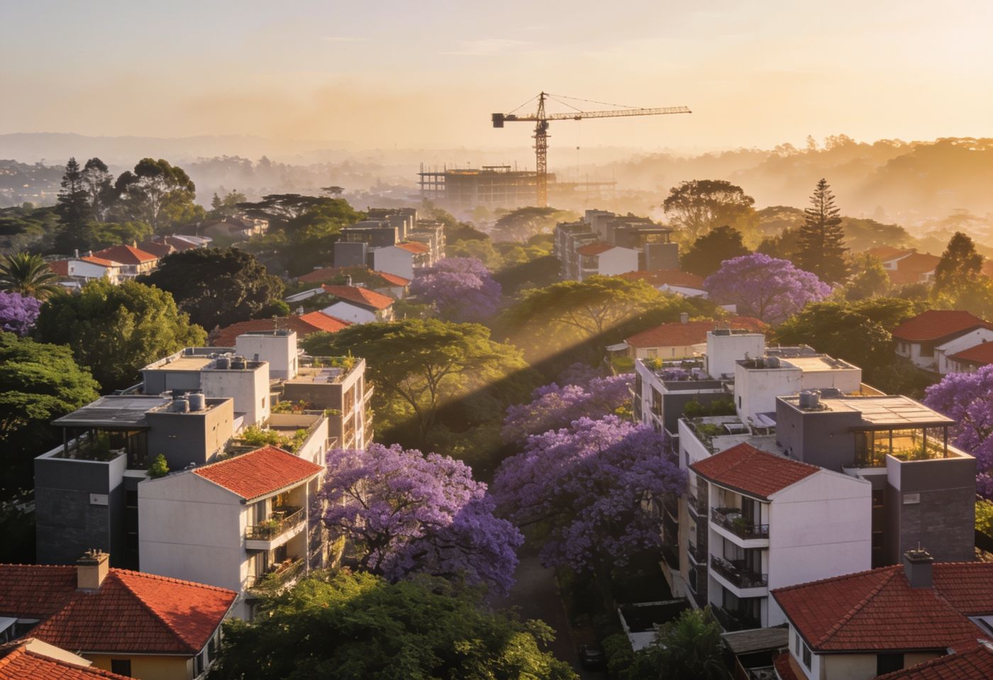Aerial view of a leafy Nairobi suburb with new apartment developments and jacaranda trees