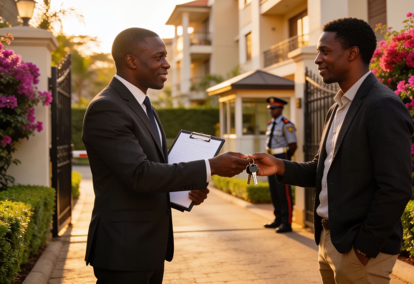 Property manager handing over apartment keys to a landlord at a gated Nairobi apartment compound at golden hour