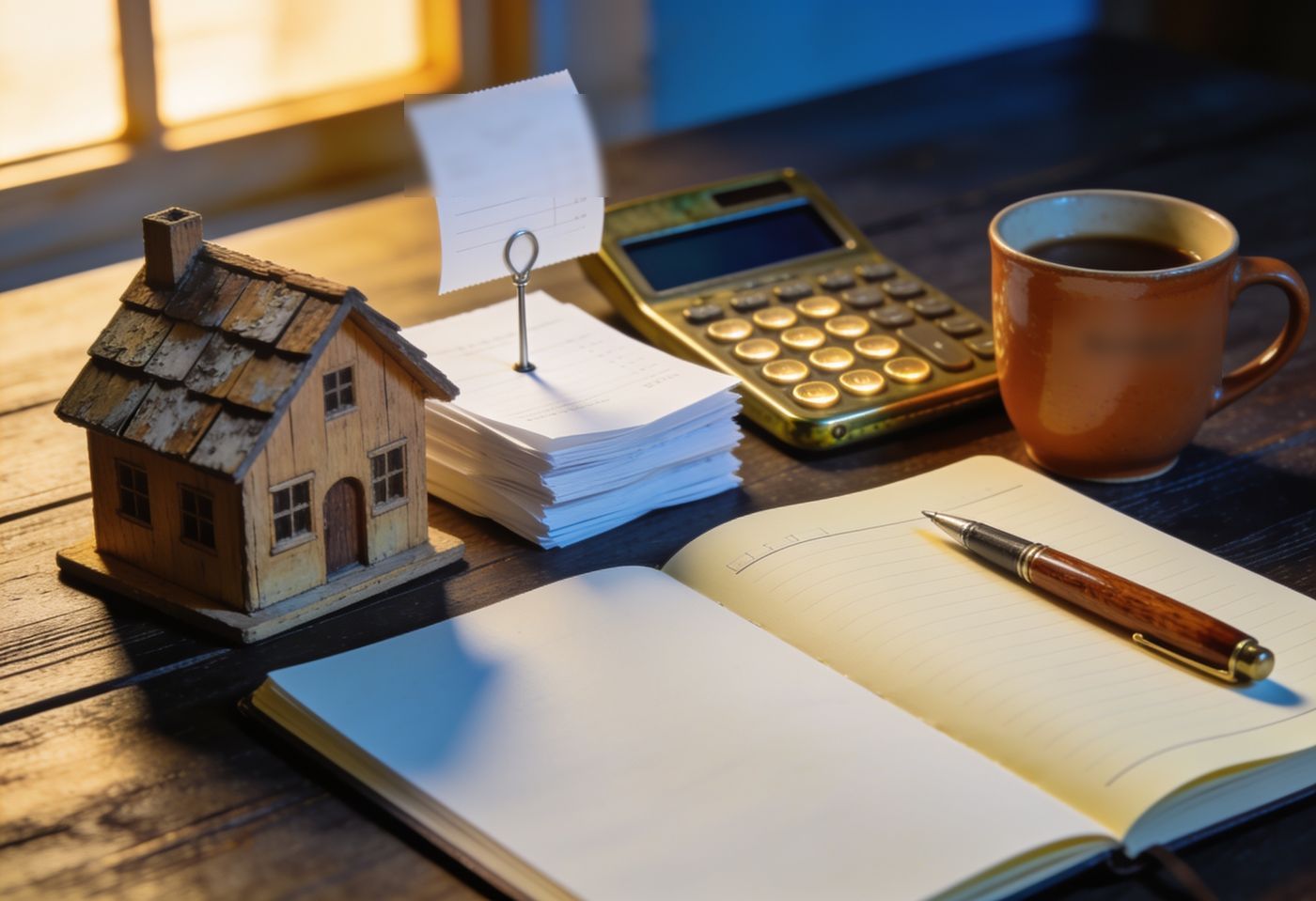 Model house, receipts and a calculator on a desk — working out the property taxes you pay to buy, hold and sell in Kenya