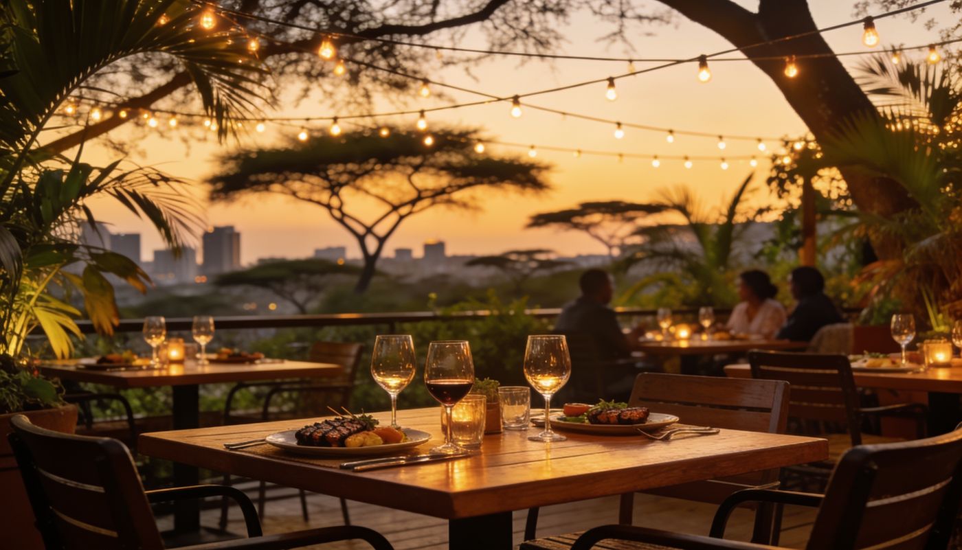 Open-air restaurant terrace at dusk in Nairobi with acacia trees and the city skyline