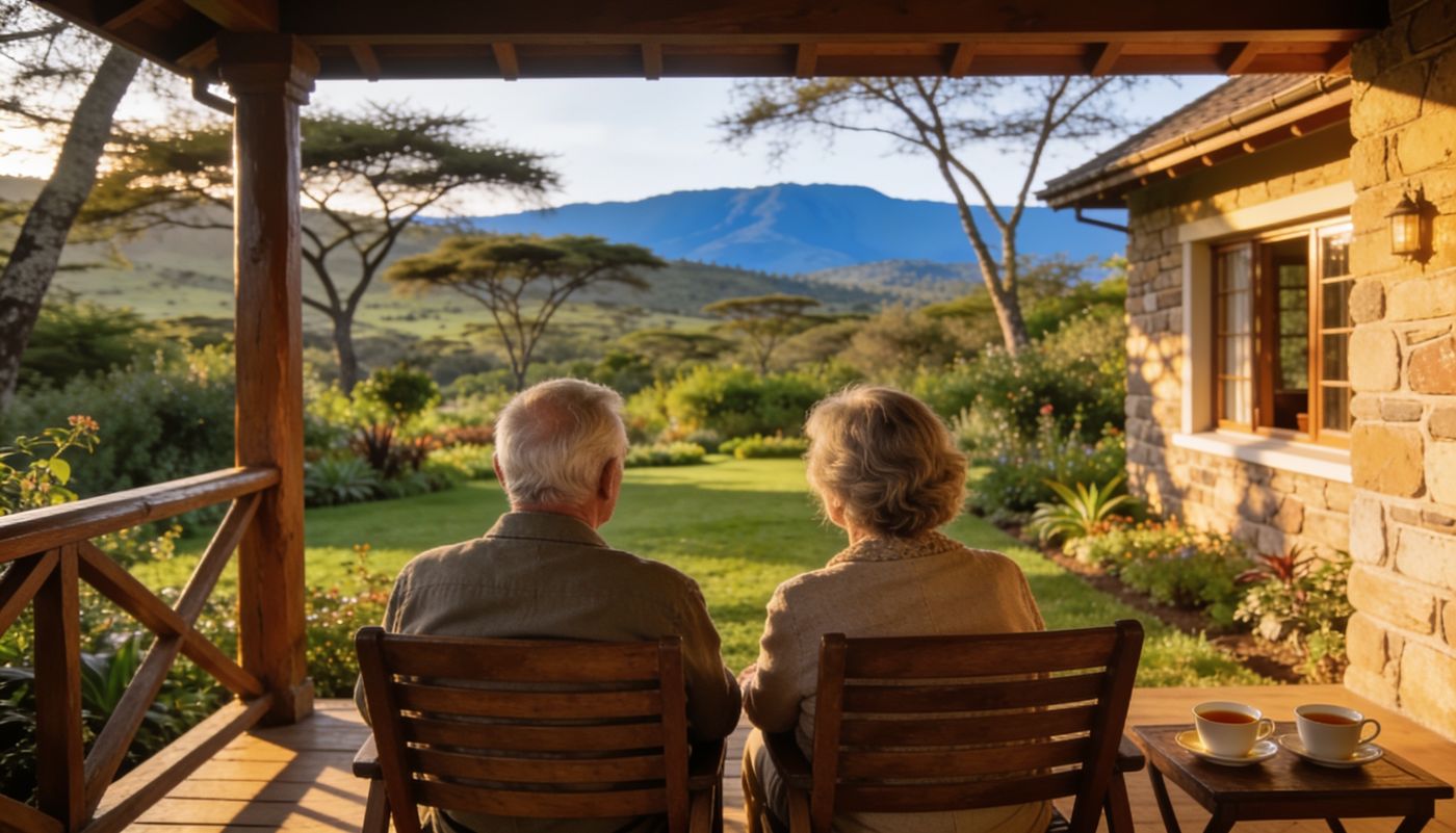 Retired couple enjoying golden-hour views of the green Kenyan highlands from their veranda
