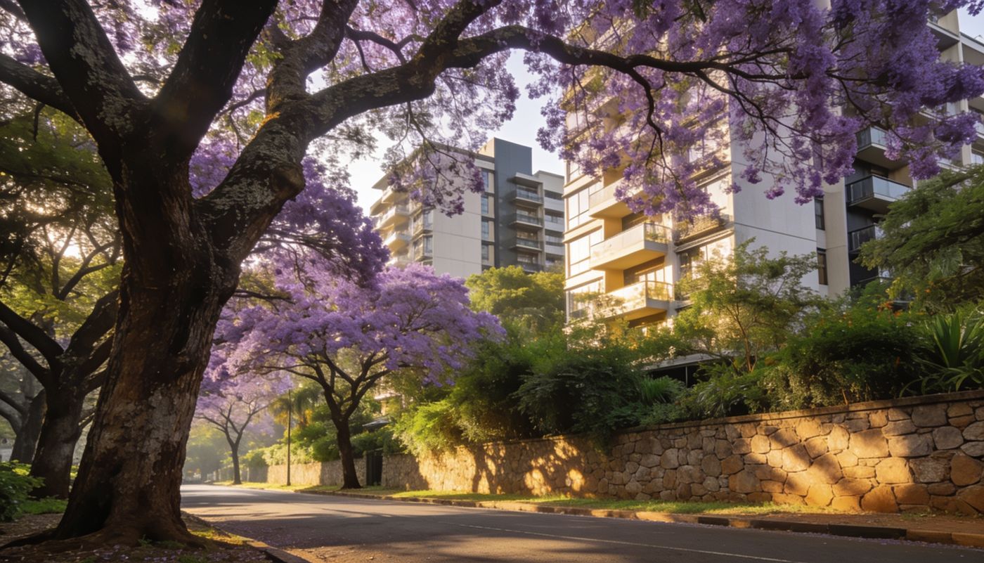 Jacaranda-lined avenue with upscale apartments behind stone walls in Riverside, Nairobi