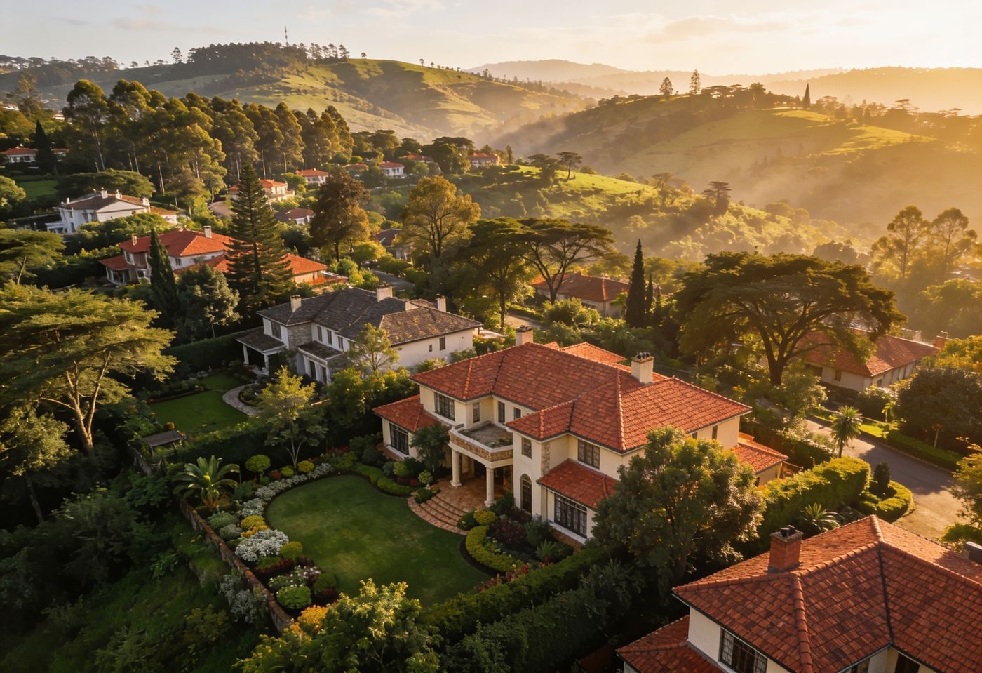Red-tiled homes among gardens and rolling green hills in Rosslyn, Nairobi