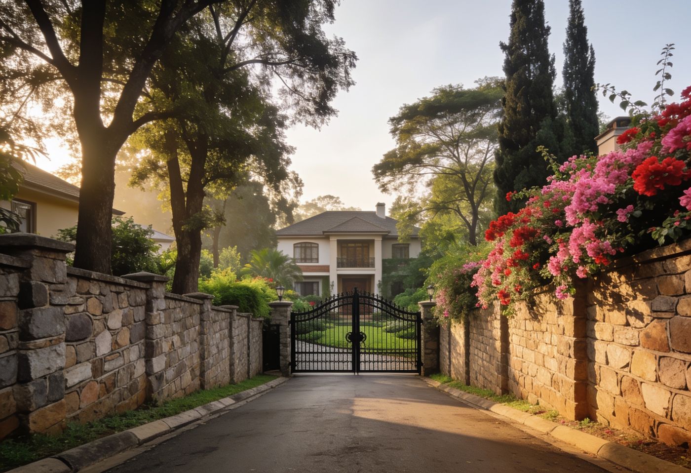 Quiet tree-lined lane in Runda, Nairobi, with stone walls, bougainvillea and the black gate of a large family home