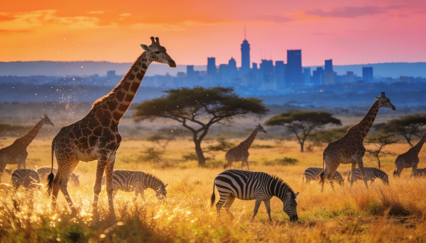Giraffes and zebras grazing in Nairobi National Park with the city skyline on the horizon