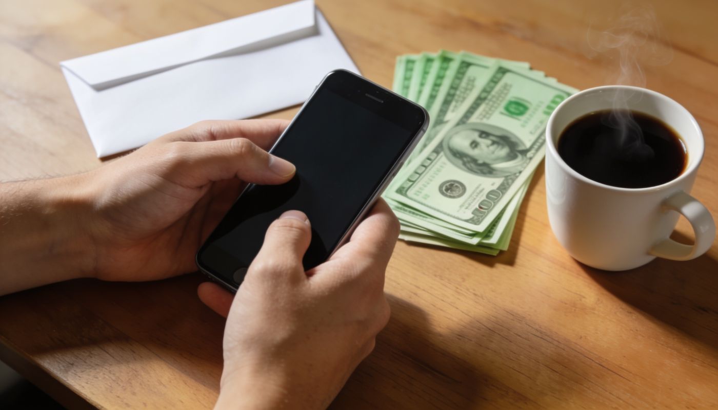 Sending money to Kenya by phone, with US dollar notes and coffee on the desk
