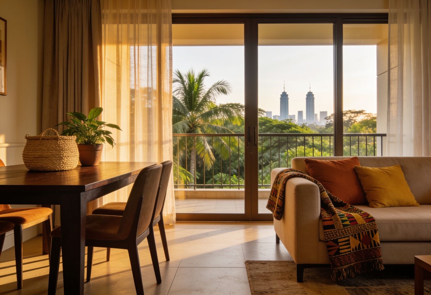 Warm furnished serviced apartment in Nairobi with dining table, sofa and balcony view over green treetops and city towers