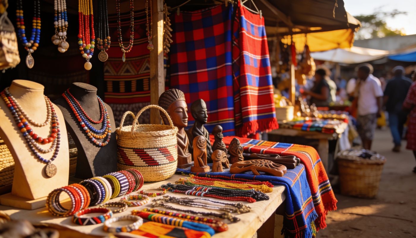 Colourful beadwork, kiondo baskets and Maasai shukas at a Nairobi craft market