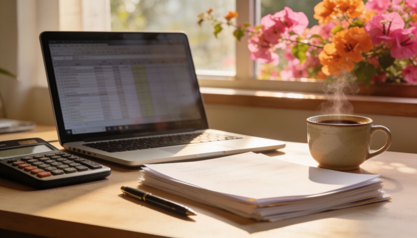 Home-office desk in Nairobi with laptop, calculator and tax documents