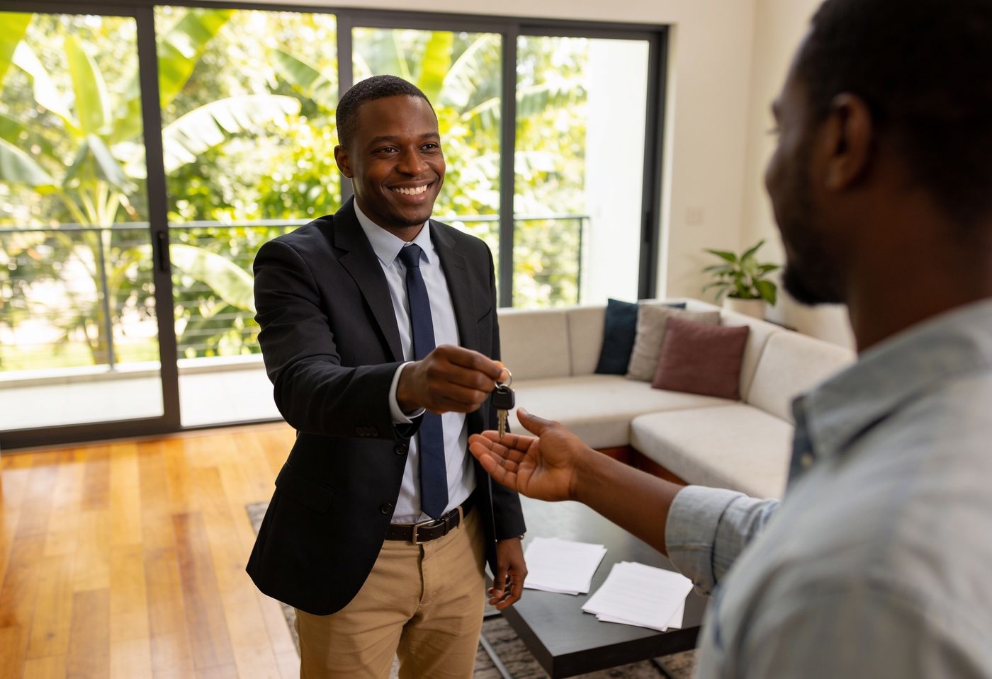 Letting agent handing apartment keys to a new tenant in a bright furnished Nairobi apartment