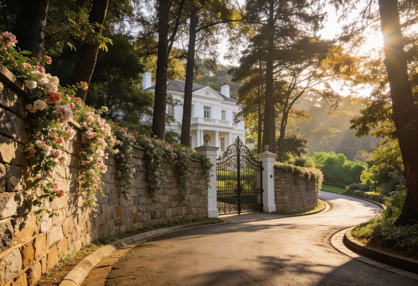 Gated white residence behind flowering stone walls on a leafy Thigiri Ridge road, Nairobi