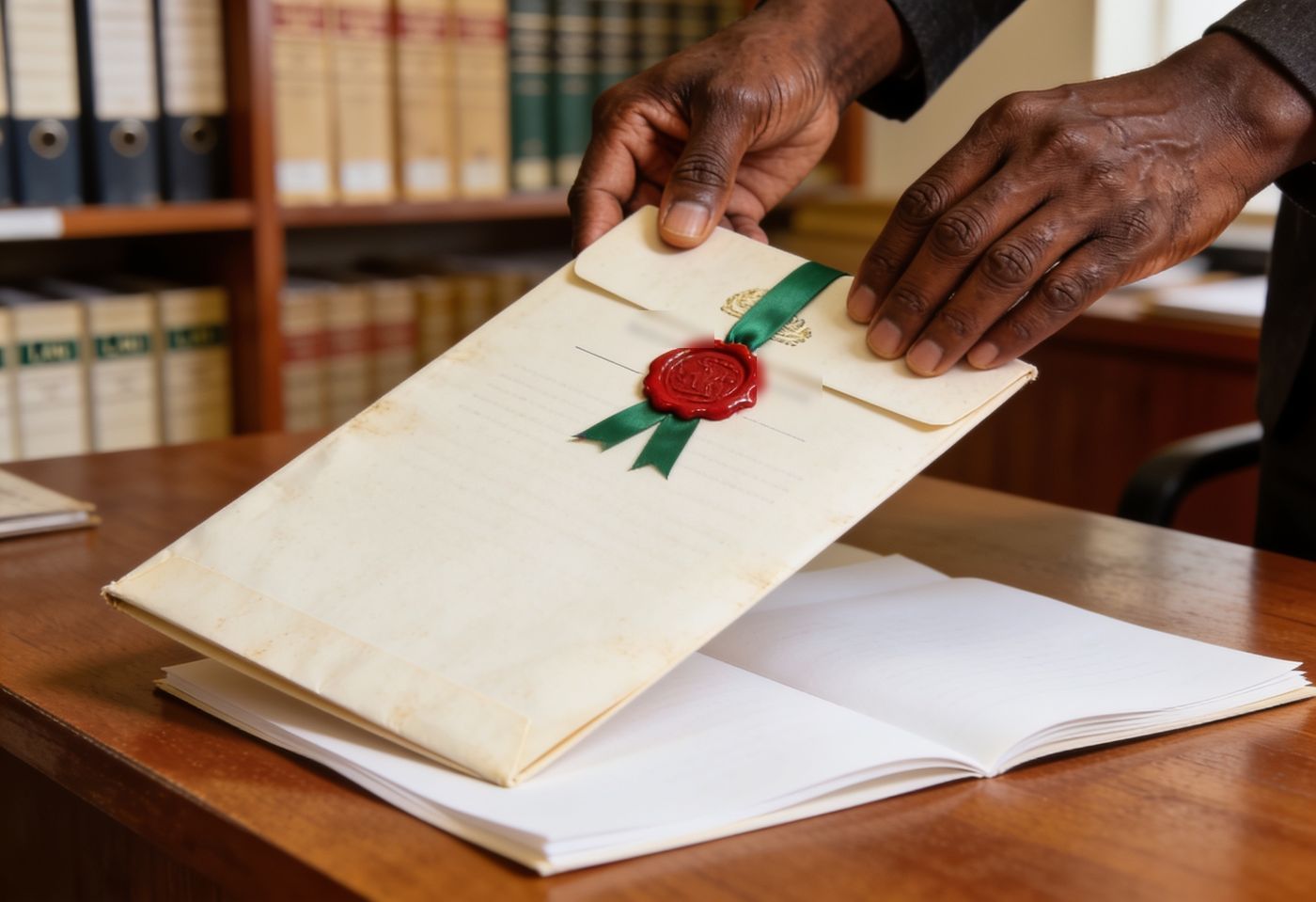 Hands holding a sealed title deed document at a Kenyan land registry office