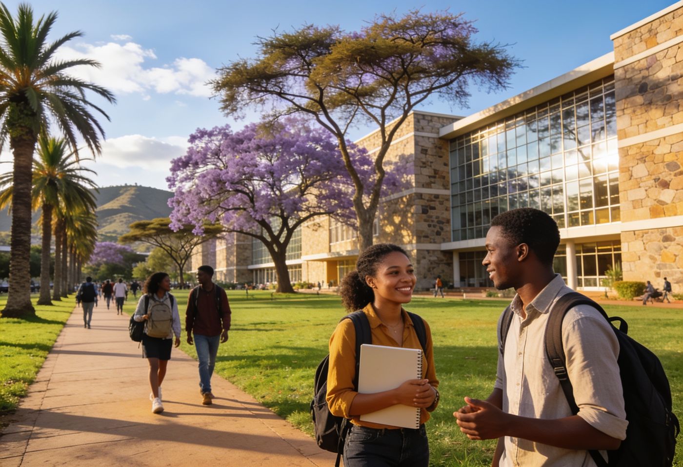 University students walking through a jacaranda-lined campus in Nairobi, Kenya