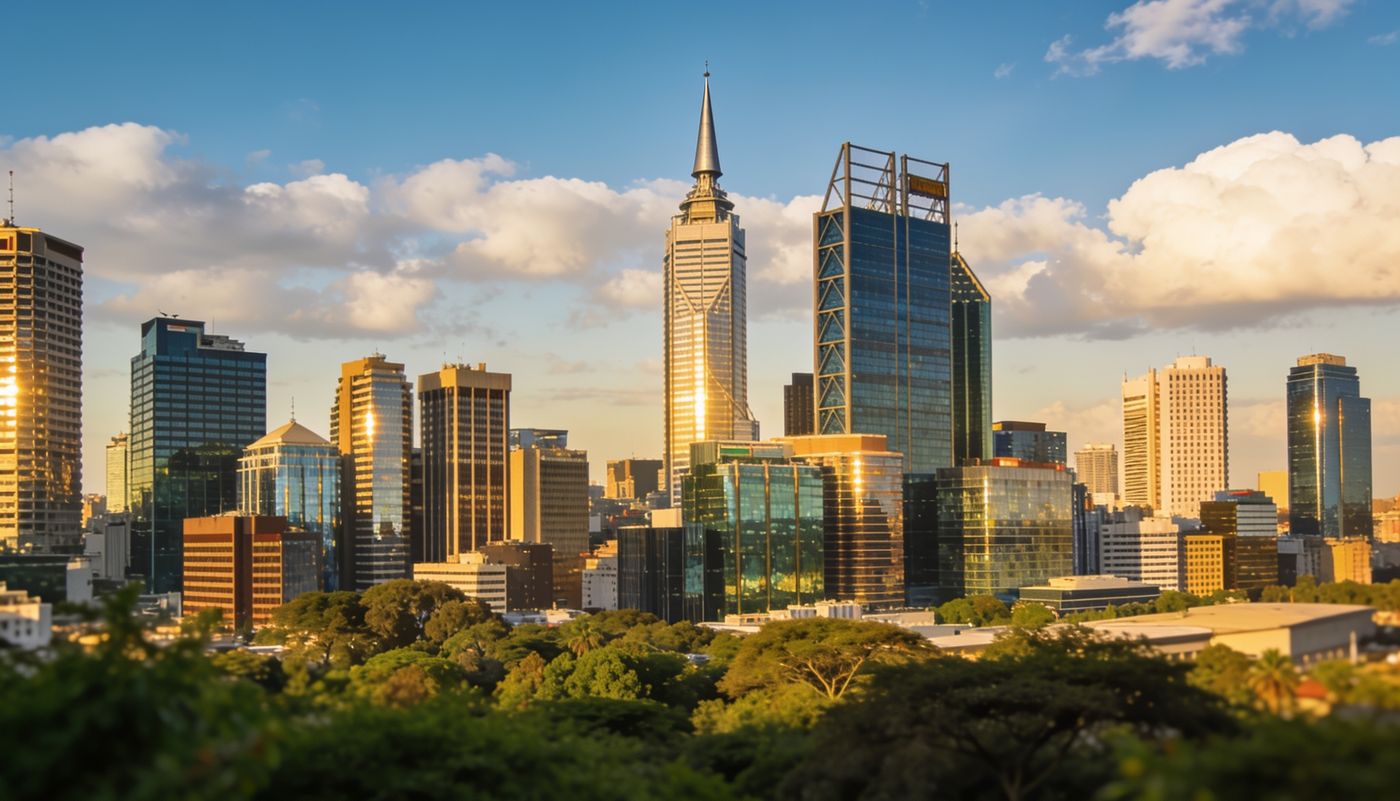Upper Hill, Nairobi skyline with modern office towers rising above green treetops