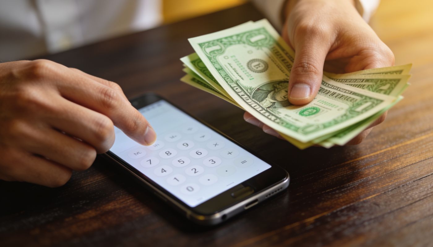 Counting US dollar bills beside a phone calculator — converting USD to Kenyan shillings