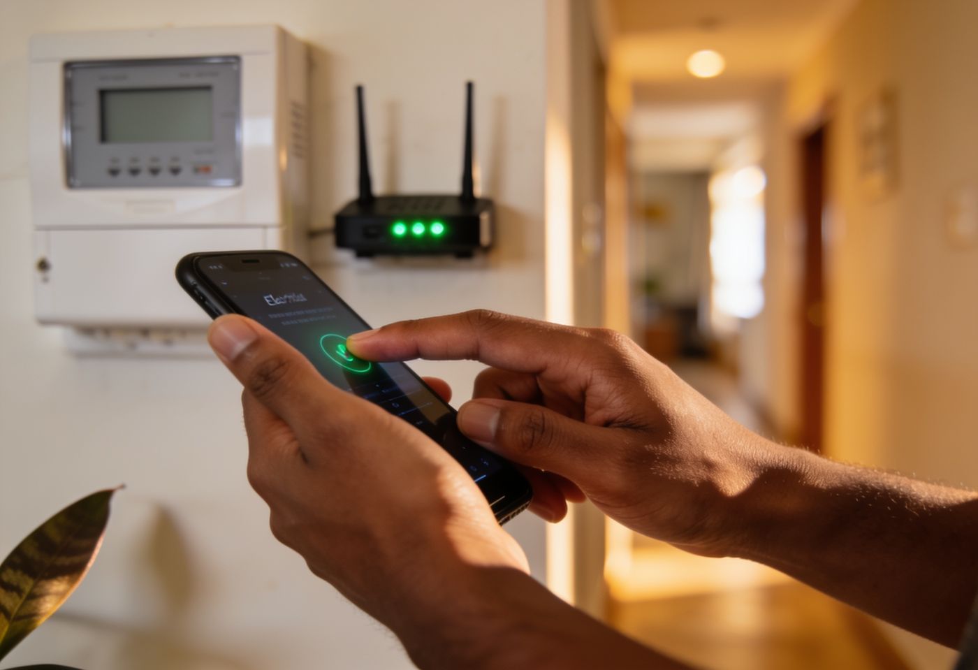 Topping up prepaid electricity by phone beside the meter and fibre router in a Nairobi apartment
