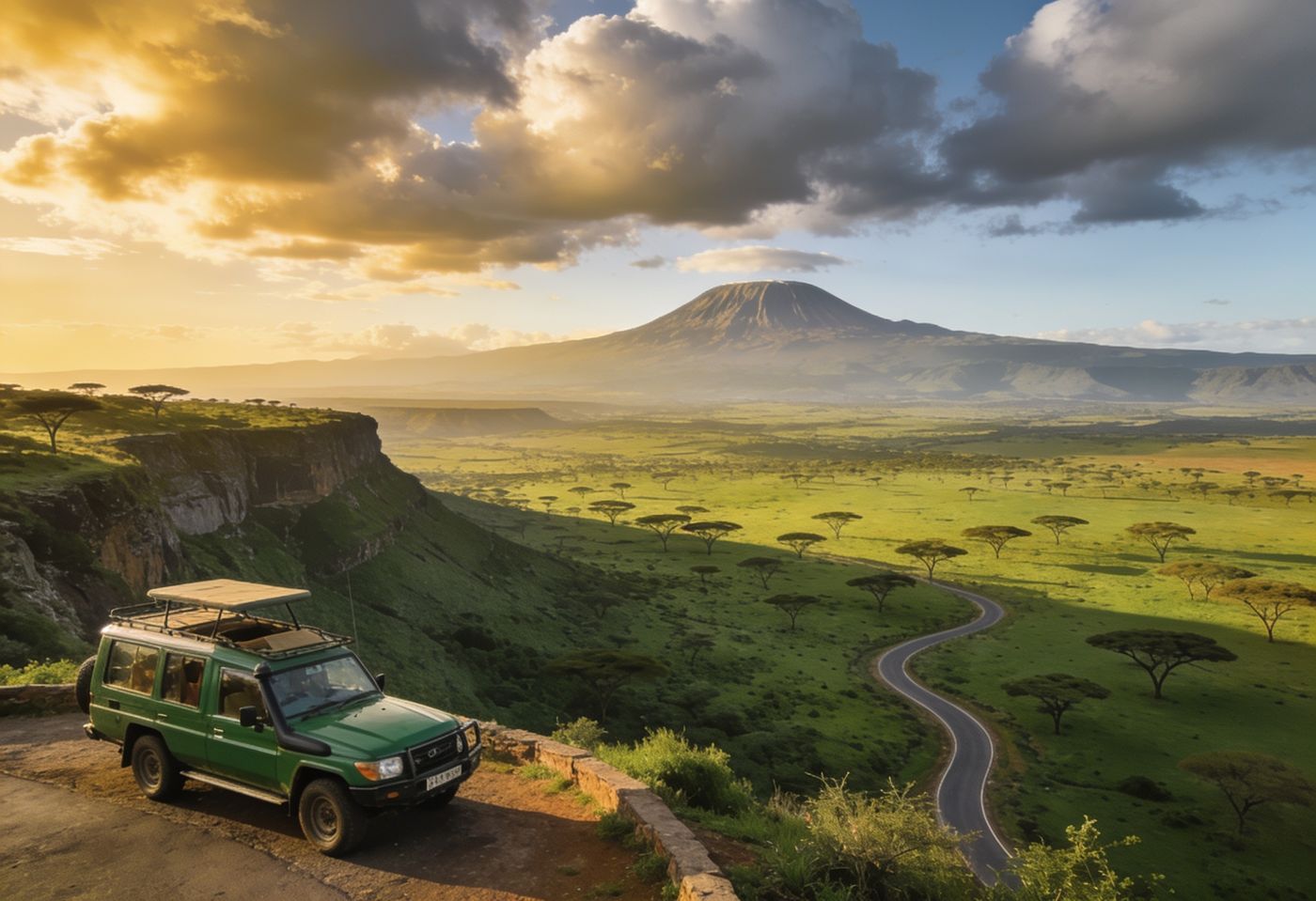 Safari 4x4 parked at a Great Rift Valley viewpoint near Nairobi, acacia plains and a volcano beyond