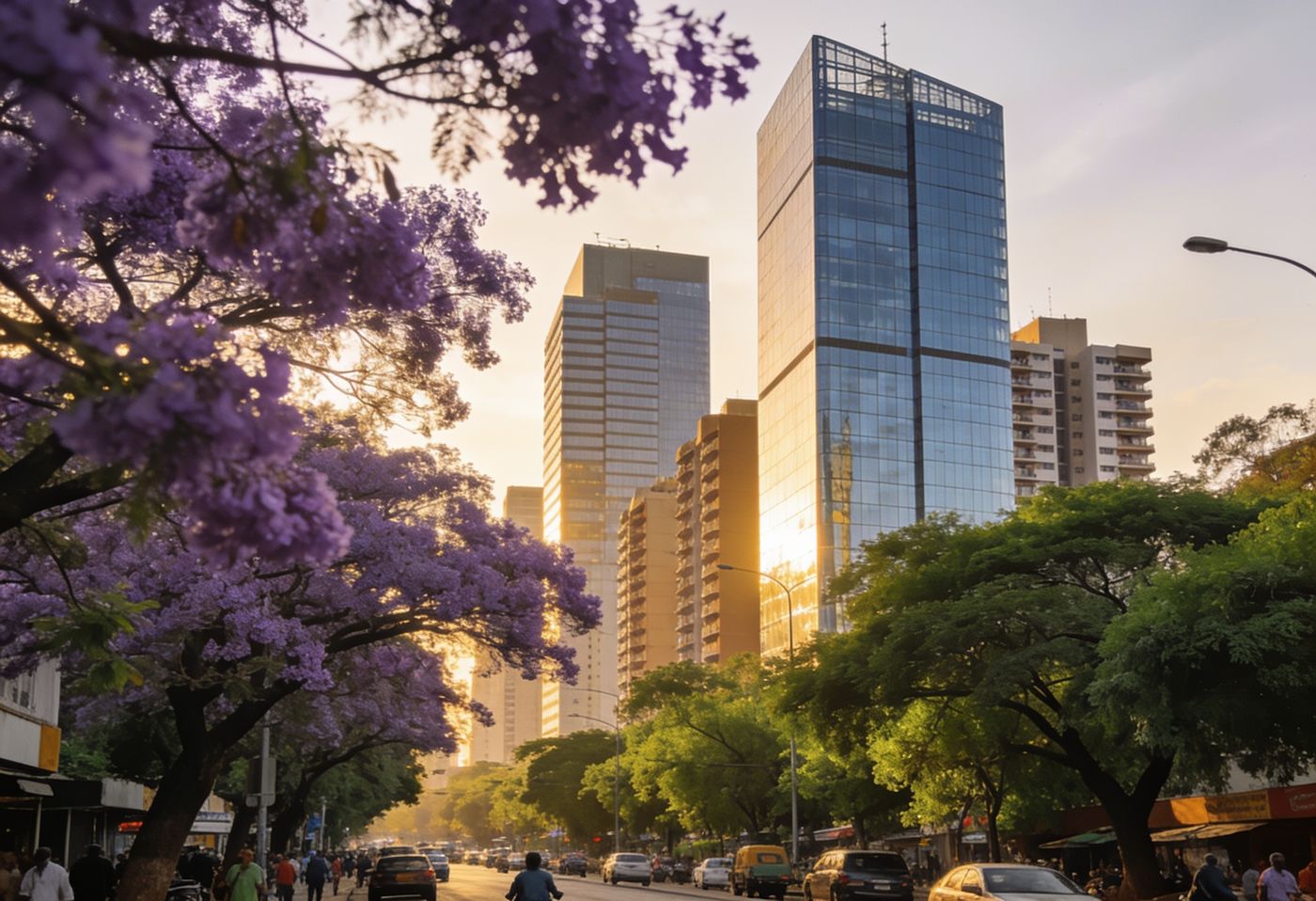 Glass office towers rising above jacaranda trees along a busy Westlands avenue, Nairobi
