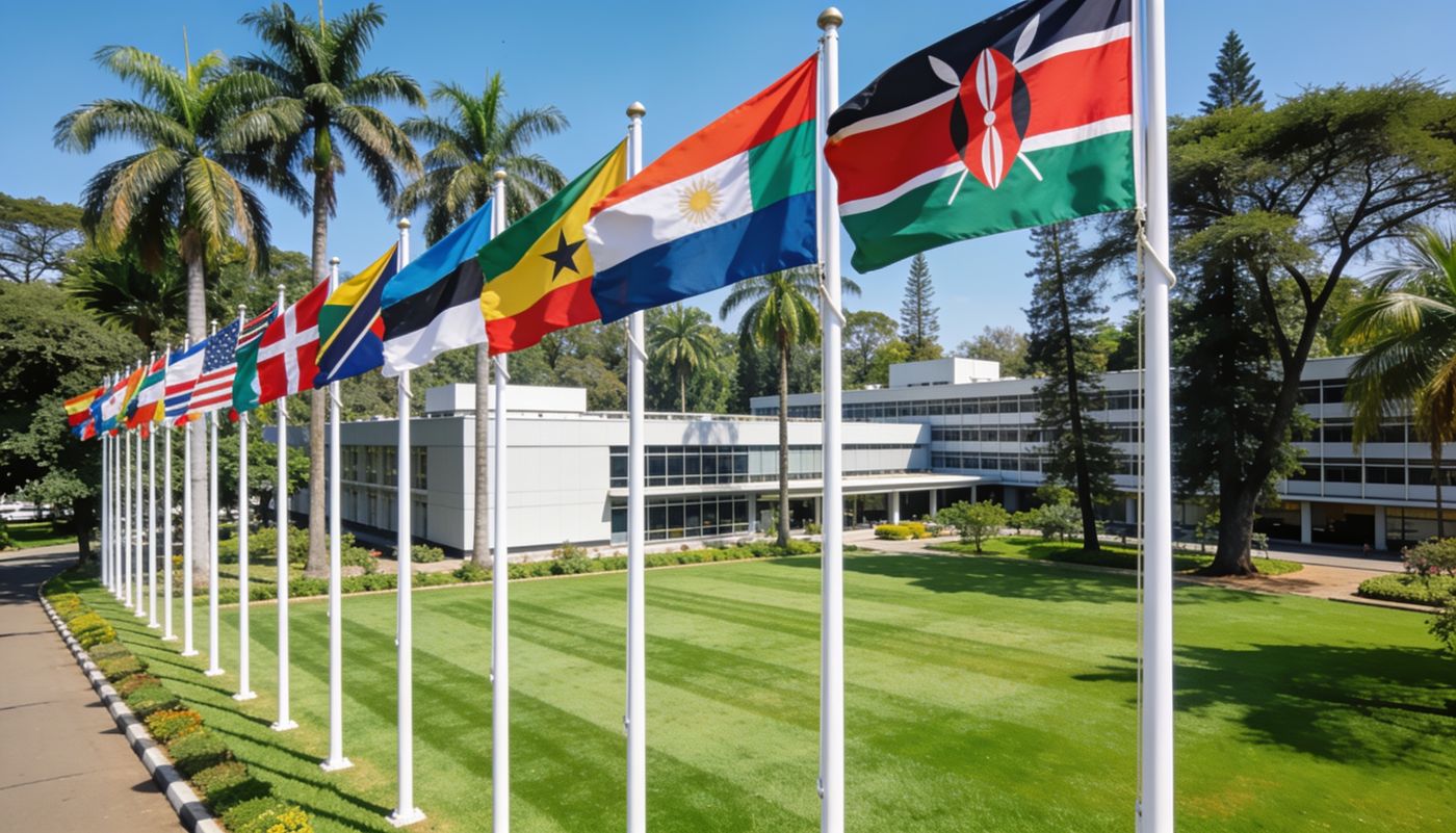 Row of international flags outside a diplomatic campus lawn in Gigiri, Nairobi