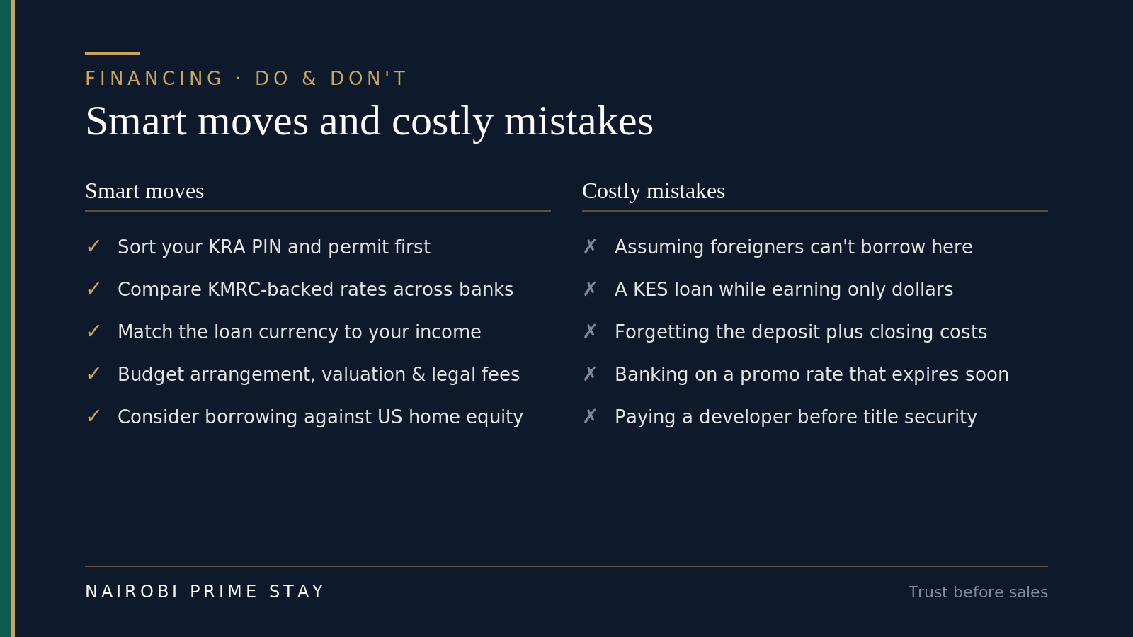 Infographic: smart moves and costly mistakes when financing property in Kenya — smart moves are to sort your KRA PIN and permit first, compare KMRC-backed rates across banks, match the loan currency to your income, budget the arrangement, valuation and legal fees, and consider borrowing against US home equity; costly mistakes are assuming foreigners can't borrow here, taking a KES loan while earning only dollars, forgetting the deposit plus closing costs, banking on a promo rate that expires soon, and paying a developer before any title security