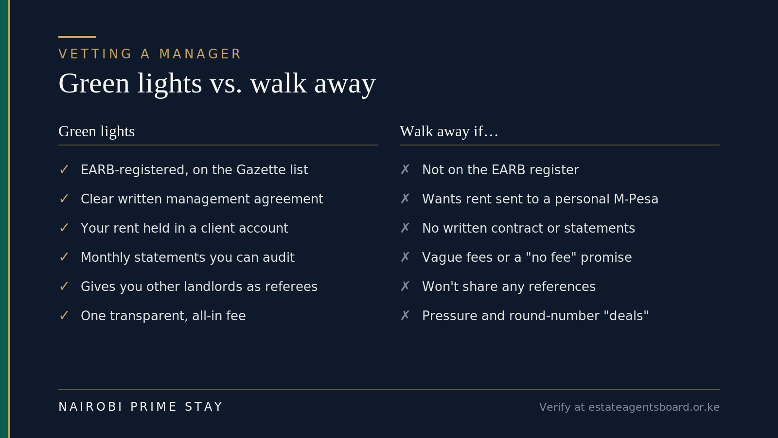Green lights versus walk-away signs when choosing a manager: green lights are EARB registration, a written agreement, rent held in a client account, auditable monthly statements, landlord references and one transparent fee; walk away from an unregistered agent, rent to a personal M-Pesa, no contract, vague fees, no references, or pressure tactics.