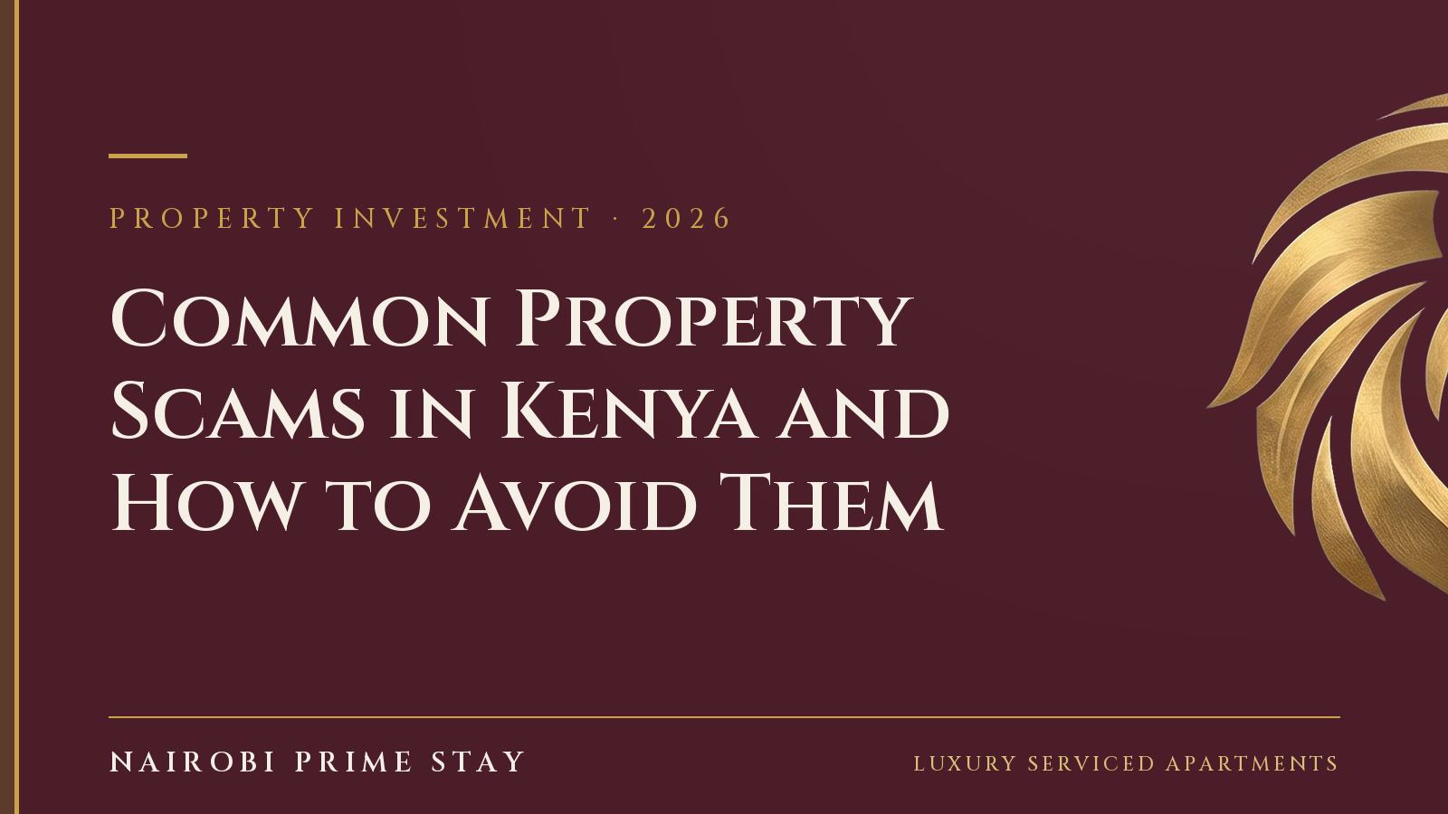 Cover graphic: “Property Scams in Kenya & How to Avoid Them” — a Nairobi Prime Stay guide