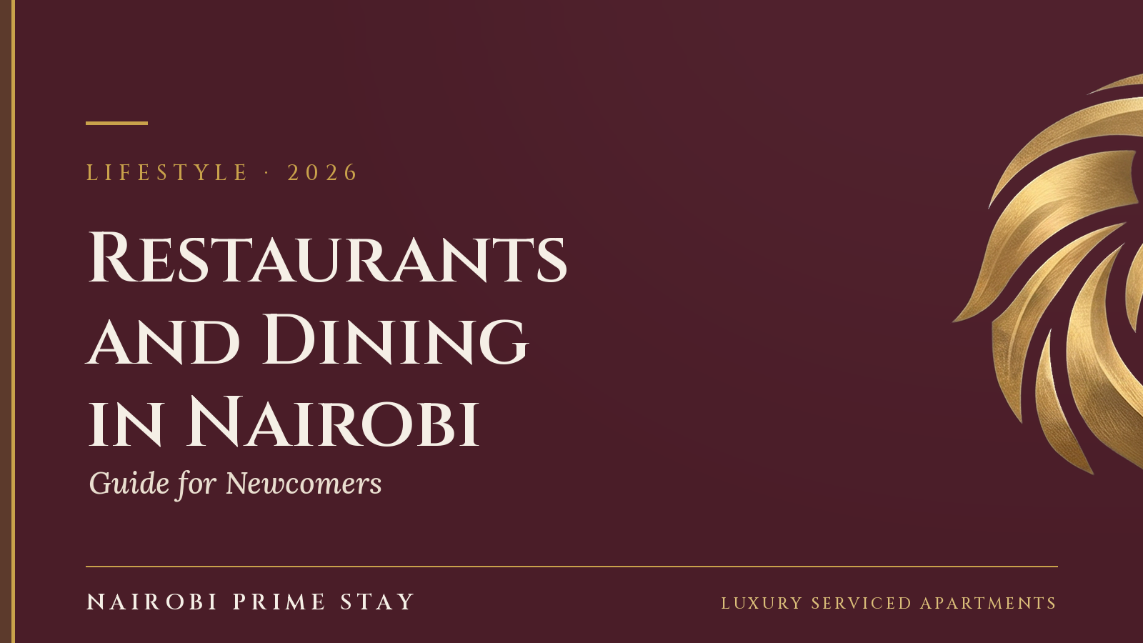Cover graphic: "Restaurants and Dining in Nairobi" — a Nairobi Prime Stay guide