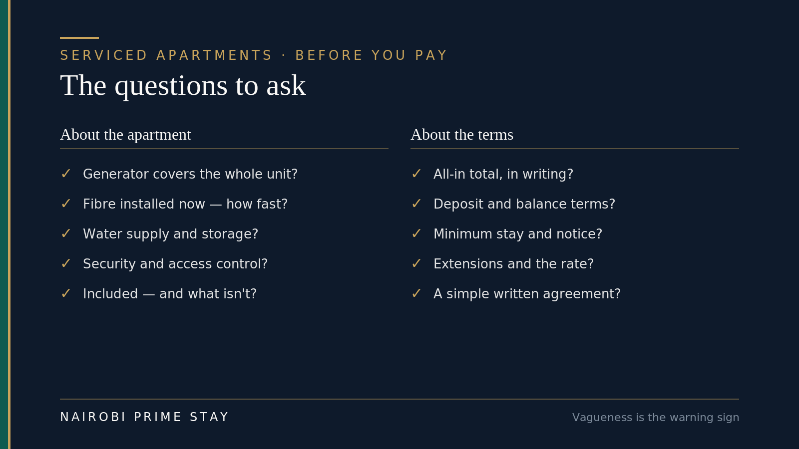 Questions to ask before booking a Nairobi serviced apartment — about the apartment (generator, fibre speed, water, security, what's included) and about the terms (total price, deposit, minimum stay, notice, extensions).