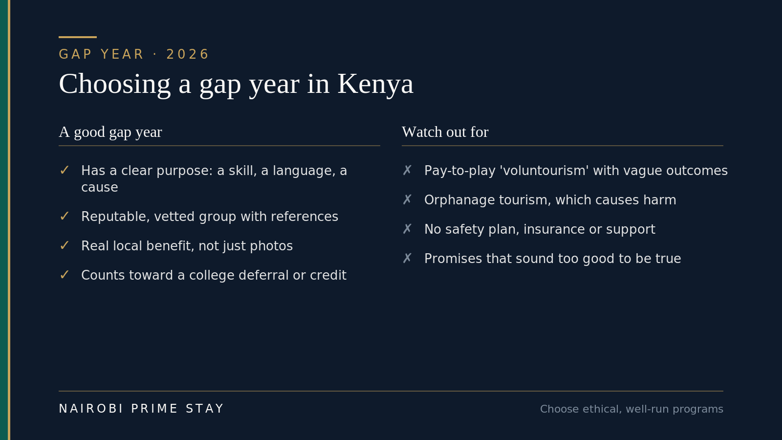 What separates a good gap year from a costly one: a good gap year has a clear purpose such as a skill, a language or a cause, uses a reputable vetted organization with references, delivers real local benefit rather than just photos, and counts toward a college deferral or credit; watch out for pay-to-play voluntourism with vague outcomes, orphanage tourism which causes harm, programs with no safety plan or insurance, and promises that sound too good to be true